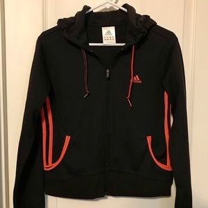 Adidas Zip up hooded black sweatshirt with orange stripe, size medium petite